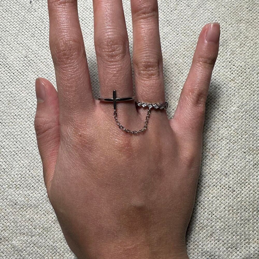 YesStyle Adjustable Rhinestone Silver Cross Ring with Chain - Picture 3 of 3